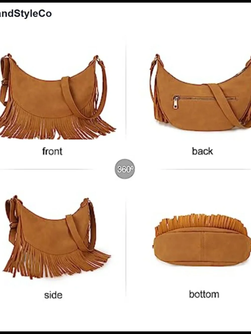 Fringe Crescent Crossbody Hobo Purse Vegan Suede Lightweight Multi Pockets